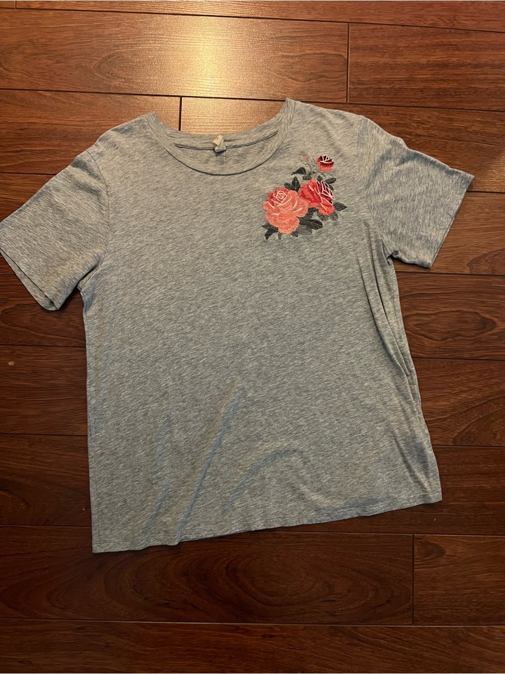 Heather Gray Short Sleeve Tee with Pink Rose Embroidery